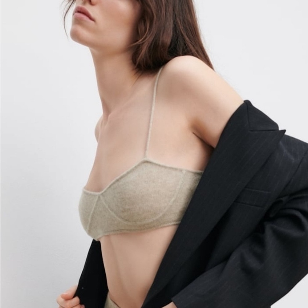ZARA CASHMERE BRALETTE SWEATER TOP LIMITED EDITION Oatmeal Sand Marl L
